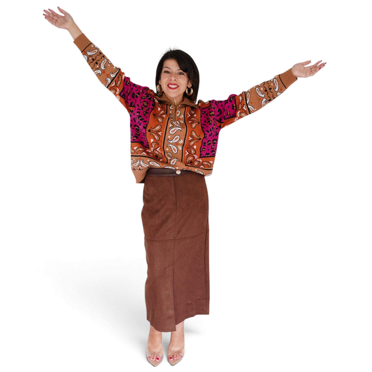 Margot Bandana Leopard Pullover in Fuchsia/ Camel
