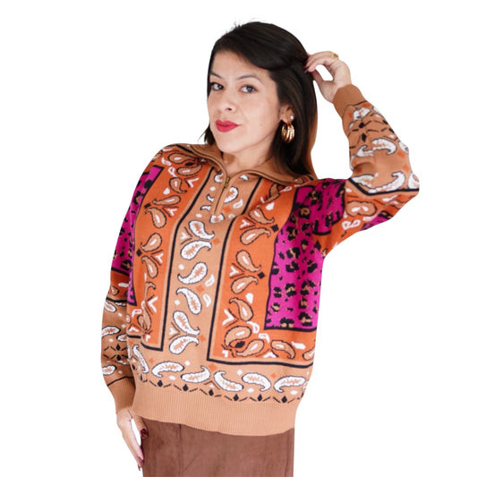 Margot Bandana Leopard Pullover in Fuchsia/ Camel