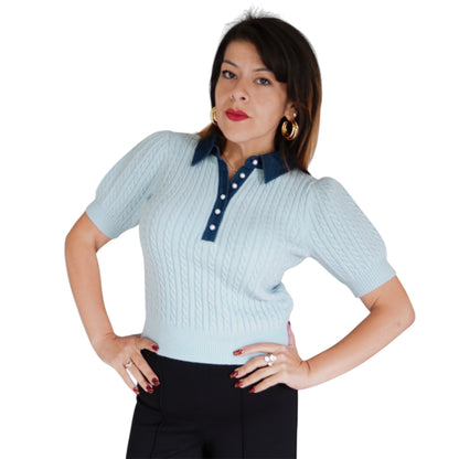 Astor Denim Mix Mini Cable Short Sleeve Pullover by 525 America