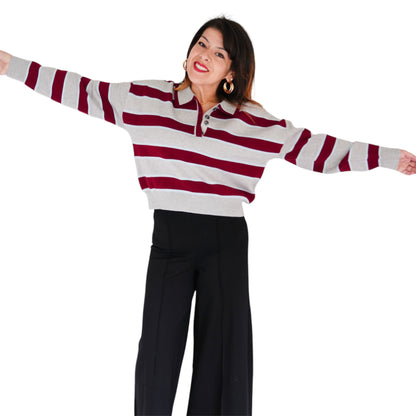 Vera Double Johnny Collar Rugby Stripe Pullover by 525 America