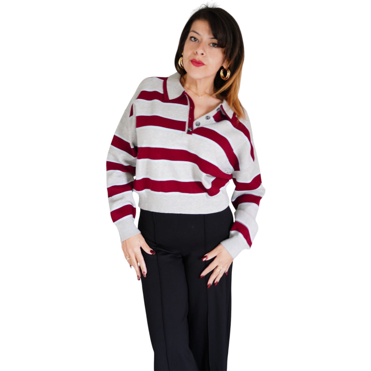 Vera Double Johnny Collar Rugby Stripe Pullover by 525 America