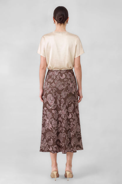 The Juliette Floral Satin Skirt in Brown/Pink