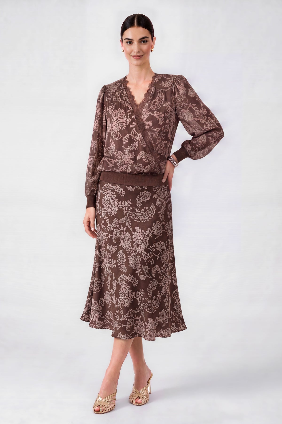 The Juliette Floral Satin Skirt in Brown/Pink