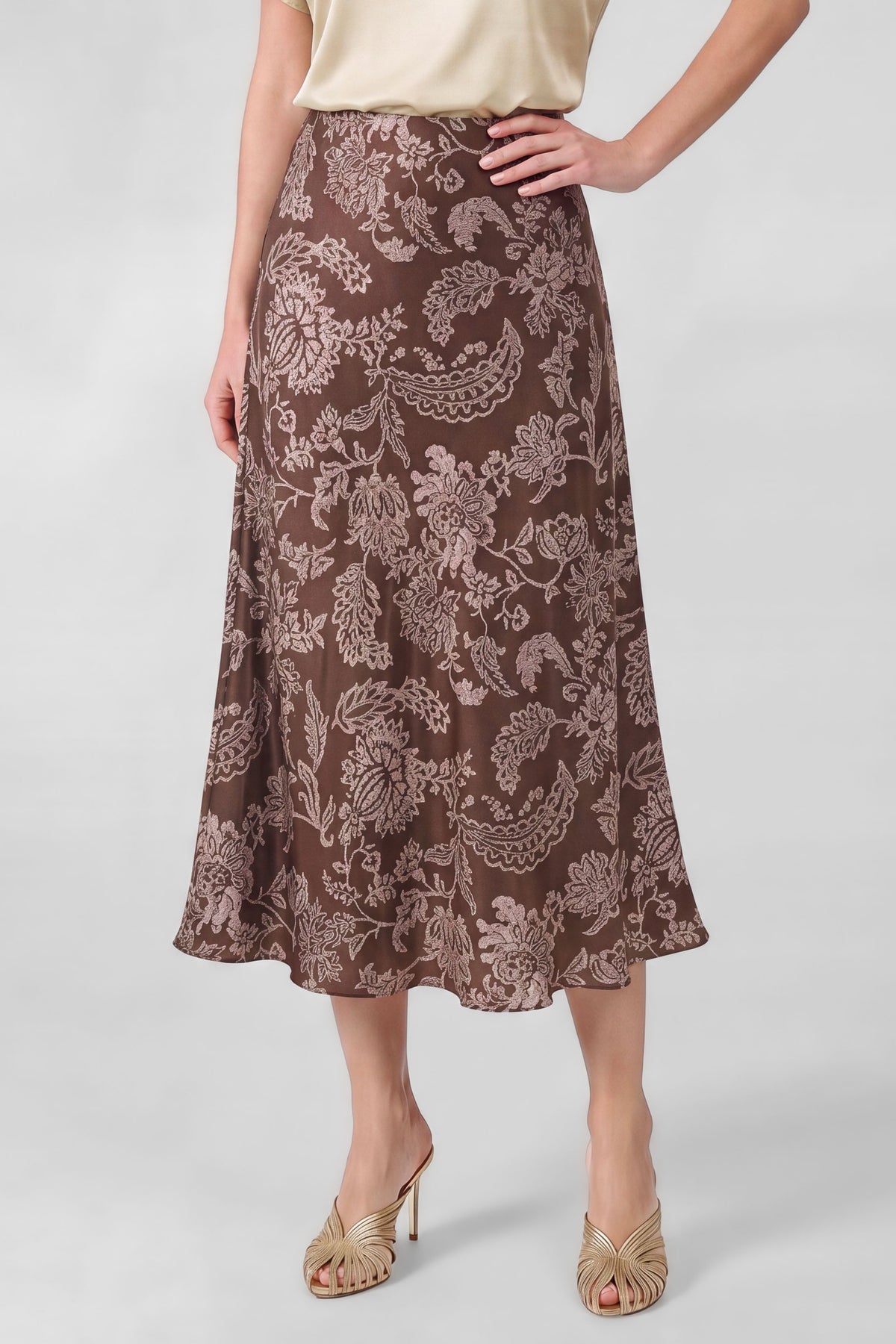 The Juliette Floral Satin Skirt in Brown/Pink