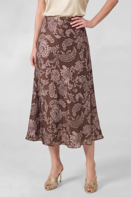 The Juliette Floral Satin Skirt in Brown/Pink