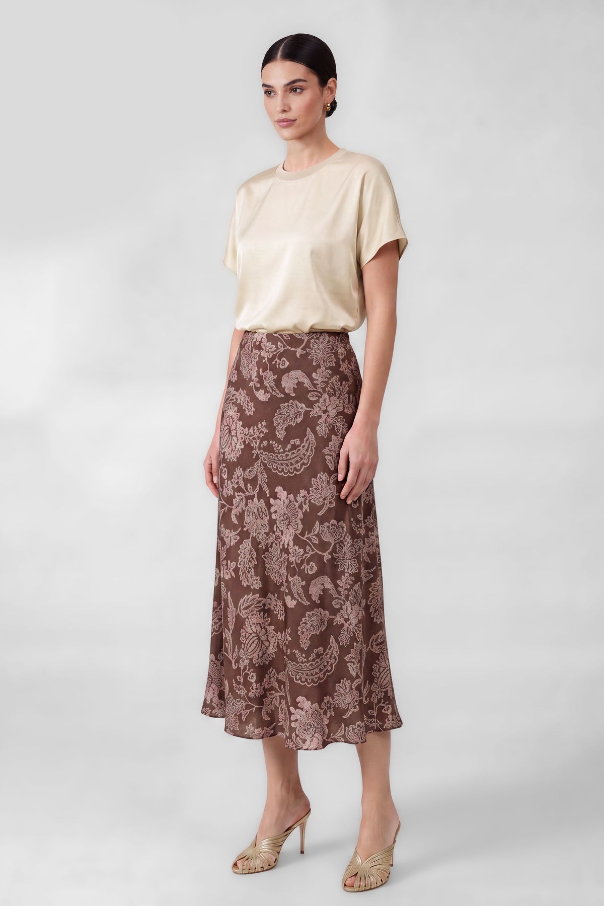 The Juliette Floral Satin Skirt in Brown/Pink