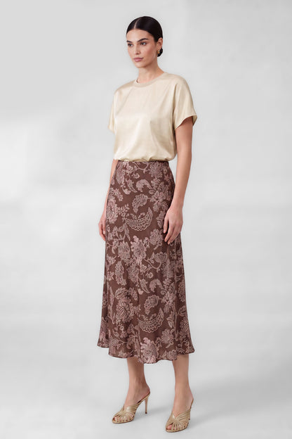 The Juliette Floral Satin Skirt in Brown/Pink