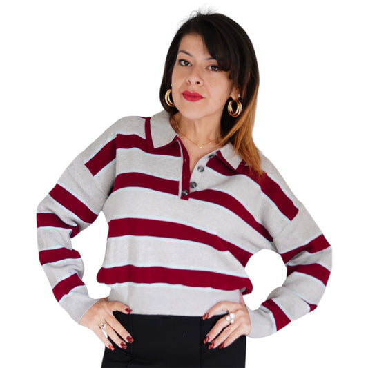 Vera Double Johnny Collar Rugby Stripe Pullover by 525 America