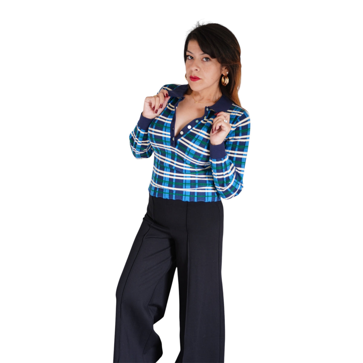 Sienna Plaid Rib Polo Top by 525 America
