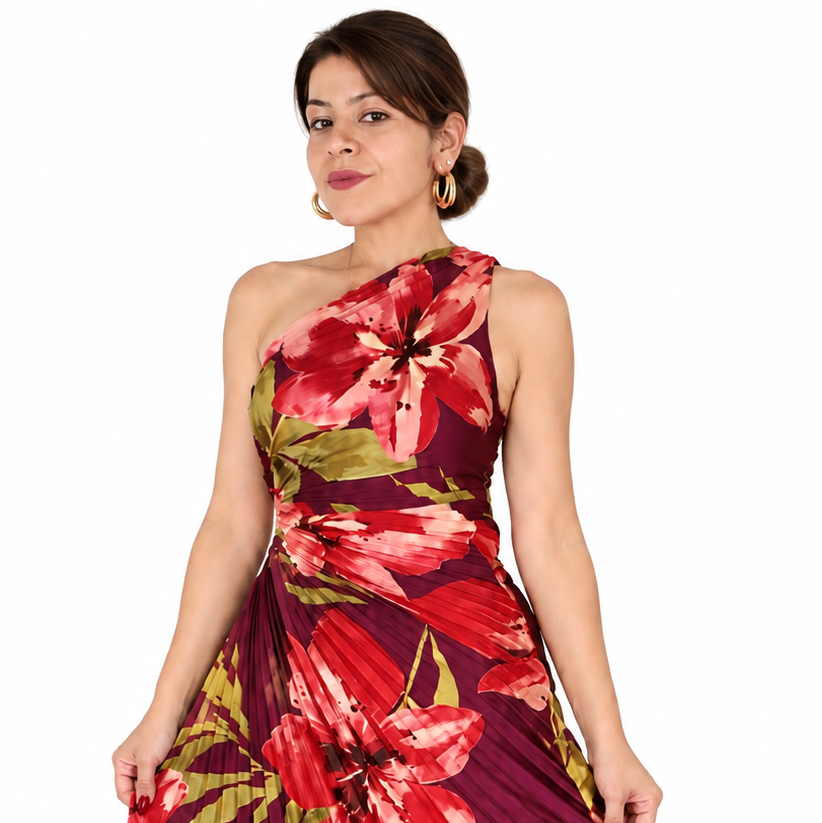 Plum floral one-shoulder satin midi dress with pleated detailing- Front View