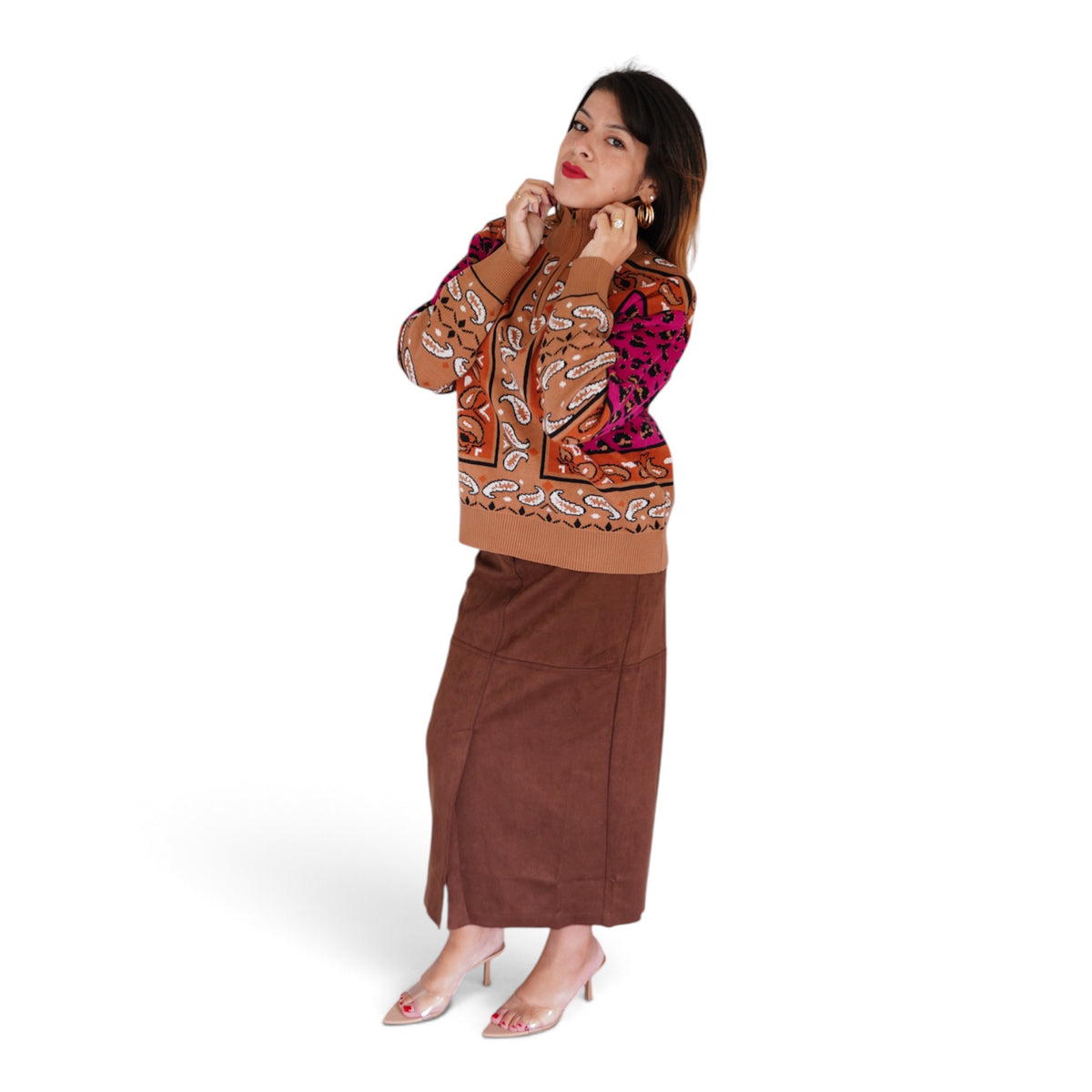 Margot Bandana Leopard Pullover in Fuchsia/ Camel