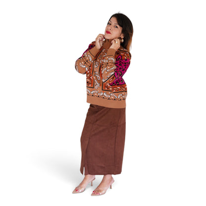 Margot Bandana Leopard Pullover in Fuchsia/ Camel