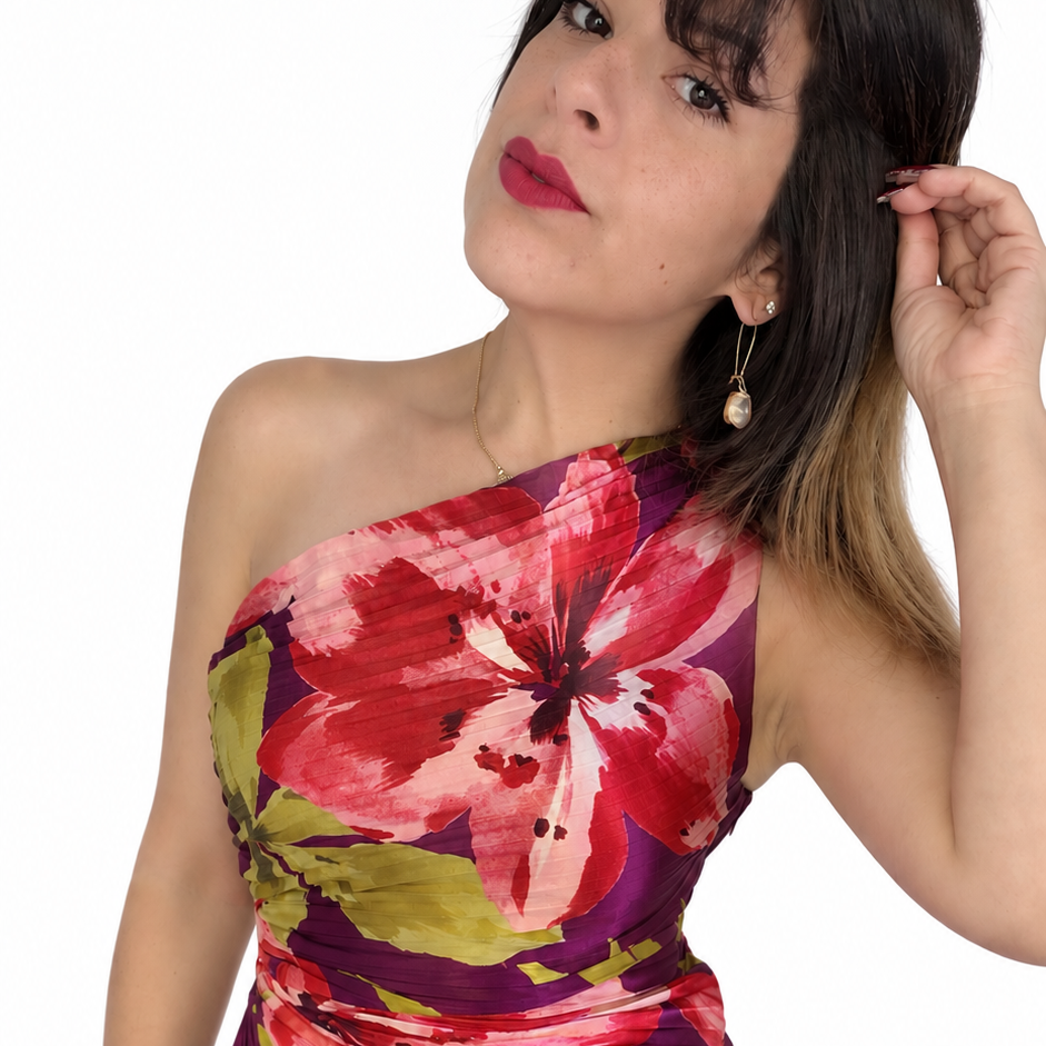 Plum floral one-shoulder satin midi dress with pleated detailing- Left Side View Silhouette 