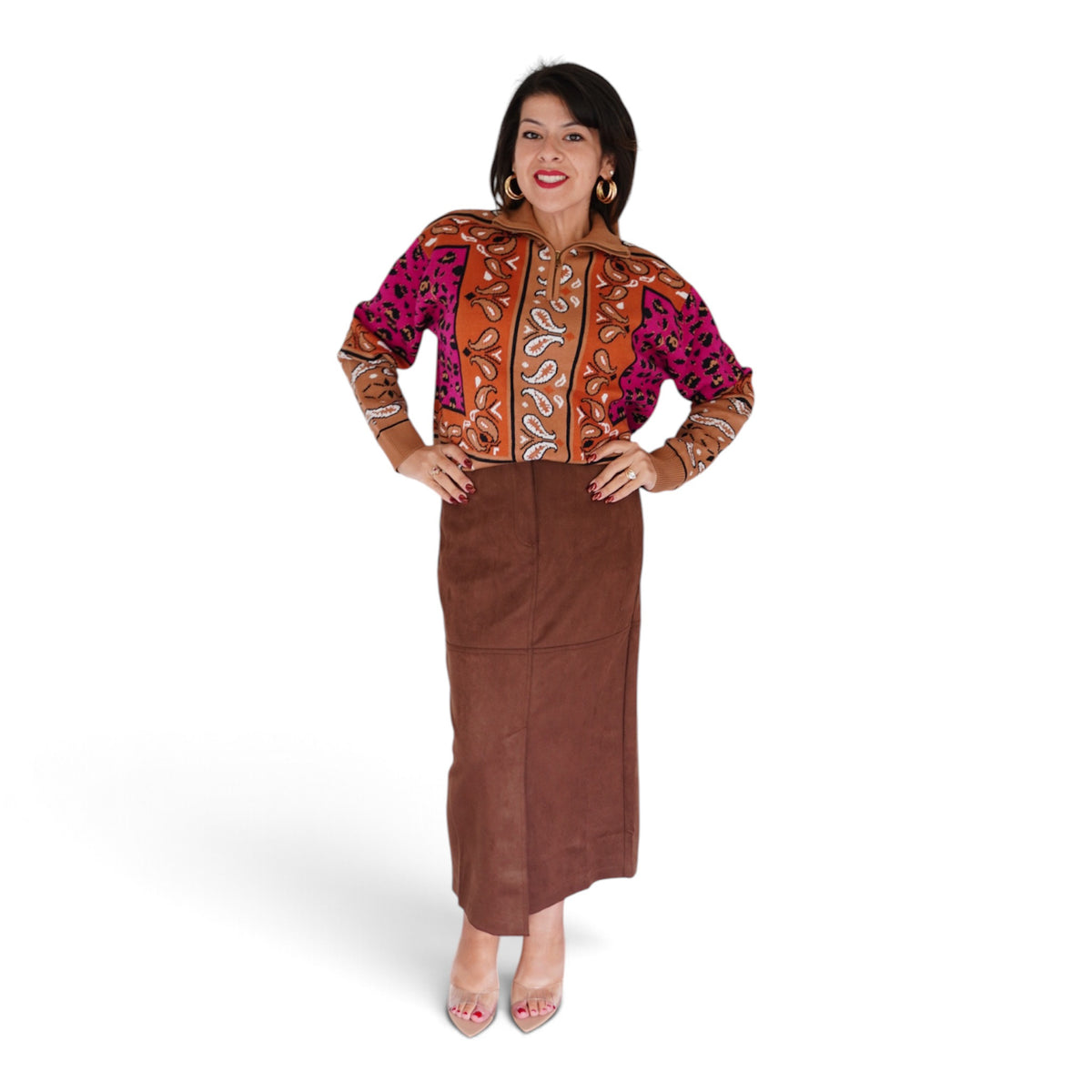 Margot Bandana Leopard Pullover in Fuchsia/ Camel