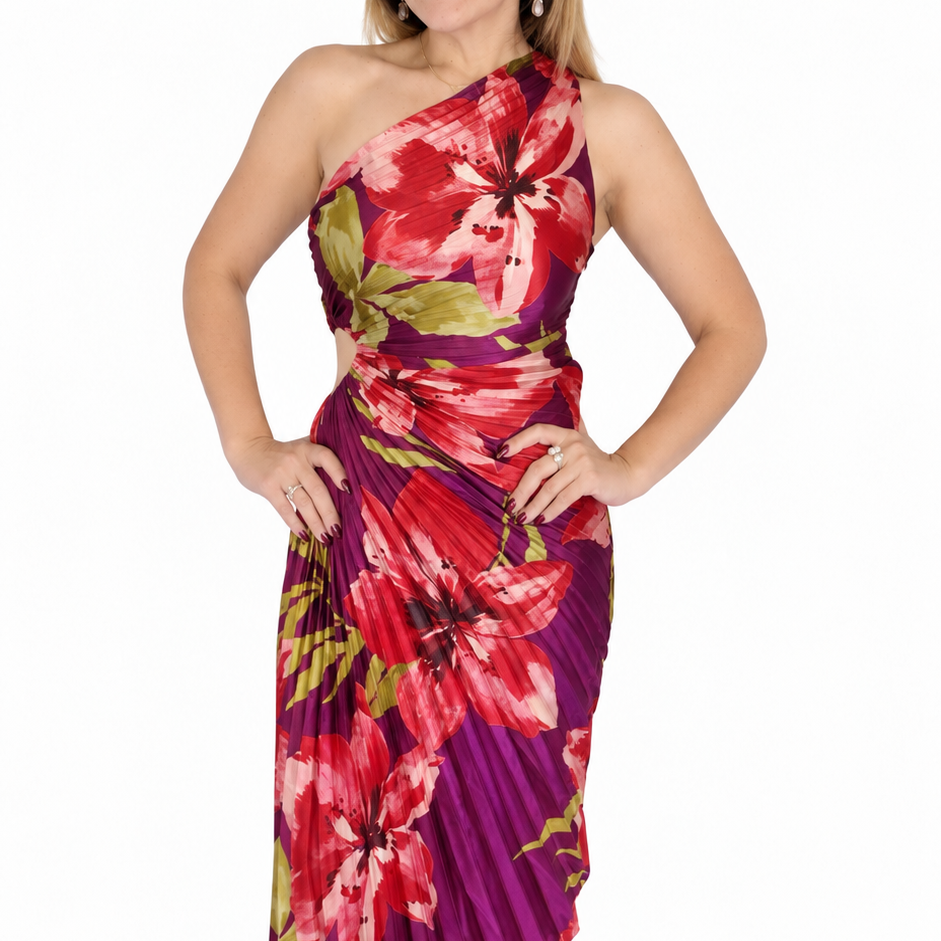 Plum floral one-shoulder satin midi dress with pleated detailing- front full view