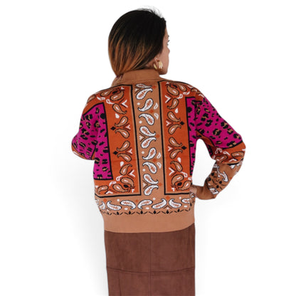 Margot Bandana Leopard Pullover in Fuchsia/ Camel