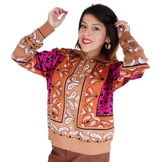 Margot Bandana Leopard Pullover in Fuchsia/ Camel