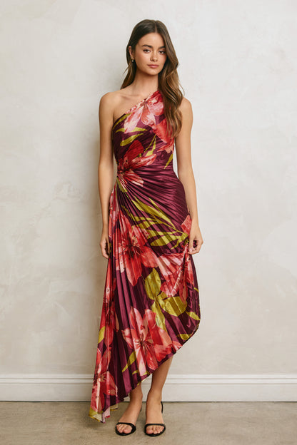 Plum floral one-shoulder satin midi dress with pleated detailing- taller model front full view