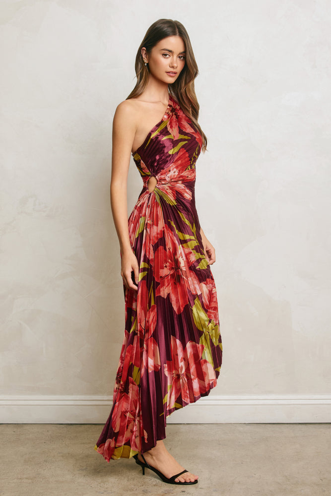 Plum floral one-shoulder satin midi dress with pleated detailing- taller model side keyhole view