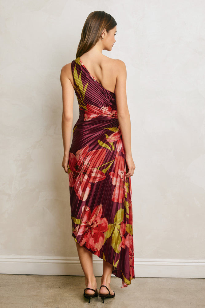 Plum floral one-shoulder satin midi dress with pleated detailing- taller model back view