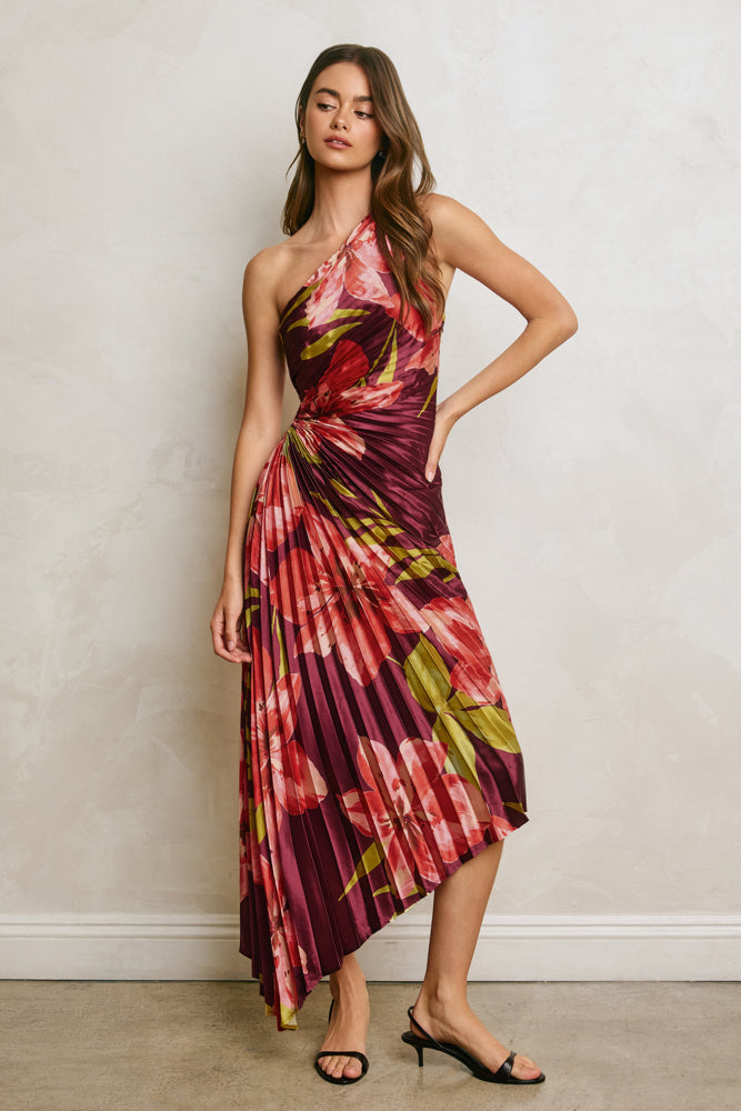Plum floral one-shoulder satin midi dress with pleated detailing- different lighting taller model