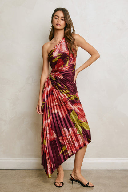 Plum floral one-shoulder satin midi dress with pleated detailing- different lighting taller model